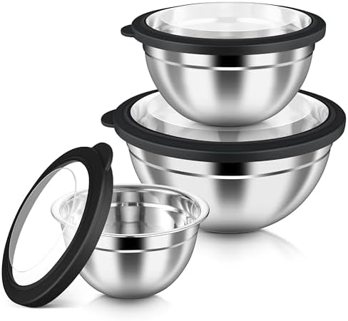 HaWare Mixing Bowls with Airtight Clear Lids, 6-Piece Stainless Steel Strong Nesting Bowls Set, Metal Salad Bowl for Cooking, Prepping, Baking, Serving & Food Storage, Size 4.6, 3, 1.5QT, Black