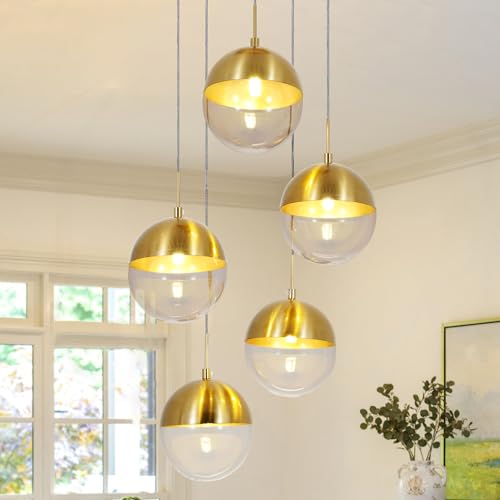 KPIBEST Brass Pendant Lights with Sphere 5-Light, Modern Industrial Clear