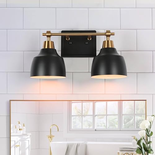 Image of KSANA Bathroom Light Fixtures, 2-Light Black Bathroom Vanity Lights with Gold Socket, 14.5'' Modern Farmhouse Bathroom Lighting Lights Over Mirror with Black Metal Shade