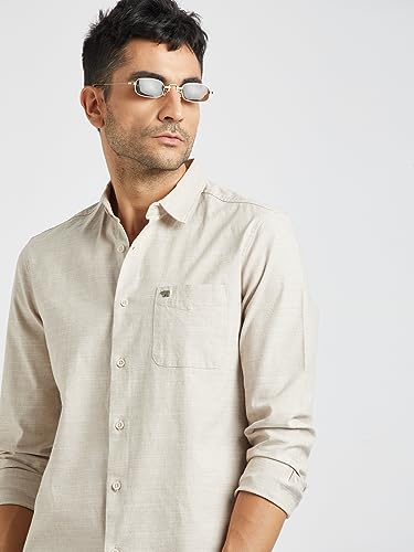 Image of THE BEAR HOUSE Men Beige Solid Slim Fit Cotton Casual Shirt|TBH-OSSA-BG