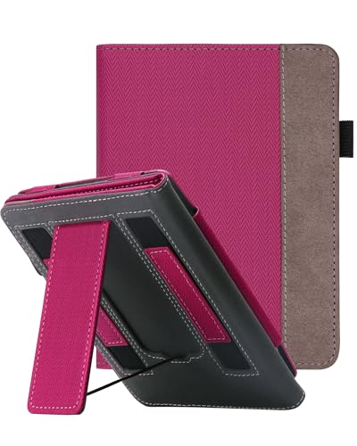WALNEW Stand Case for 7" All-New Kindle Paperwhite 12th Generation (2024 Released) and Kindle Colorsoft Signature Edition, Two Hand Straps Shell PU Leather Cover with Auto-Wake/Sleep (Hotpink)