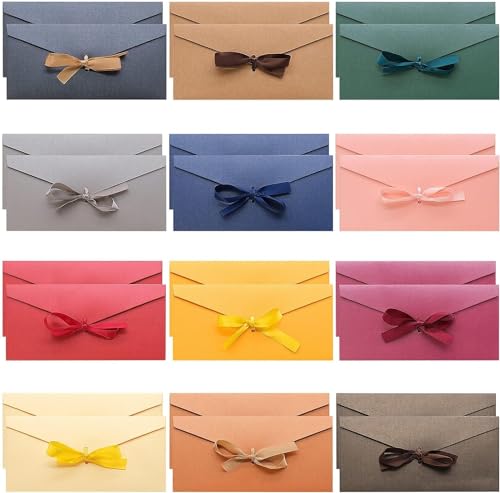MEIYAXINWIN 24 Piezas Sobres de Papel Kraft de Colores con Cintas, 22x10.8 cm Sobres Kraft de Colores, Bonitos Sobres Retro Sobres de Colores Vintage para Bodas, Tarjetas, Fiestas (12 Colores)