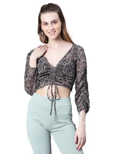 Image of oxolloxo Women Floral Print Semi-Sheer Round Neck Tie-Knotted Elasticated Long Crop Sleeve Top