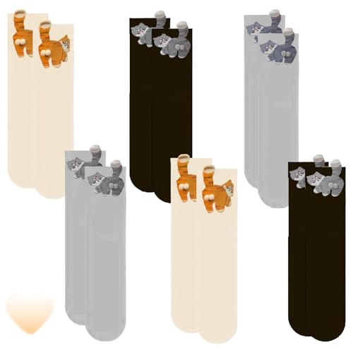 Agogue 6 pares de calcetines divertidos para gatos con huevos, calcetines 3D para gato con bolas, novedad animales locos para mujeres amantes de los gatitos
