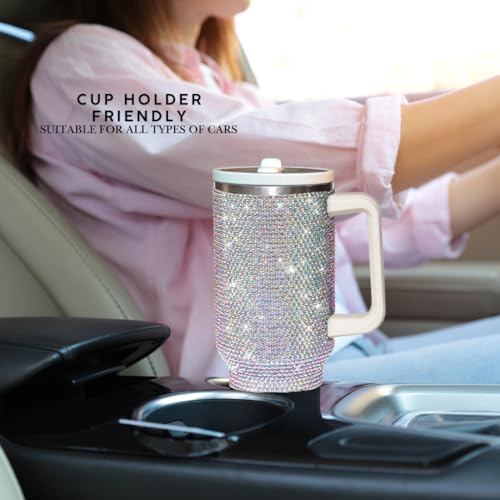 Image of 40 Oz Rhinestone Tumbler with Handle and Flip Straw, Insulated Stainless Steel Double Layer Bling Tumbler | Leak Proof Glitter Tumbler for Women | Reusable 1200ml Travel Bling Cups White AB
