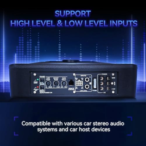 Image of Andeman 1000W Smart Car Subwoofer with Wireless Remote Control - 10 inch Slim Under Seat Powered Bass, Blue LED Sync Light, Built-in Amp & Hi /Lo Input for Car /Truck /SUV /Jeep /MPV