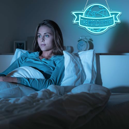 Image of The World Is Yours Neon Sign Motivational Blue LED Neon Light for Classroom | Dimmable Motivational Neon Light for Bedroom Man Cave Wall Decor Unique Birthday Christmas Gift for Kids, Teens, Adults