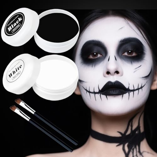 Conjunto de Maquillaje de Halloween, Maquillaje Halloween Blanco y Negro, Pintura Cara Halloween, Pintura Facial Profesional de Payaso con Pincel, Face Body Painting, Pintura Cara Para Niños Adulto