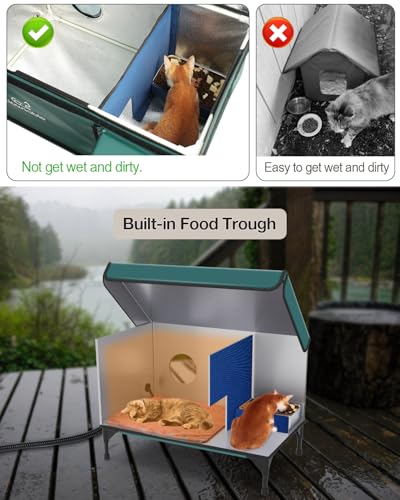 Outdoor Heated Cat House in Winter,Extremely Insulated & Weatherproof,Elevated Feral Cat Shelter with Waterproof Eaves & Escape Door for Outside Stray Barn Cat(Dark Green,L:28.0" Lx16.5 Wx20.0 Th)