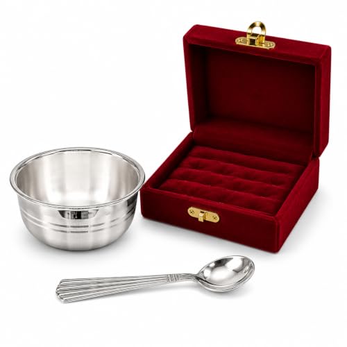 Image of 925 Sterling Silver Baby Feeding Bowl & Spoon Set | Handcrafted Silver Katori for Newborn & Kids | Annaprashan Feeding Set | Premium Velvet Box Included