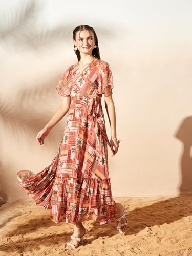 Image of Miss Chase Women's Floral V-Neck Flutter Sleeve Wrap Chiffon Maxi Dress