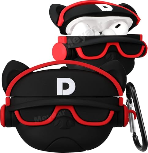 Image of Meyaar Earphone Case Cover Compatible for Realme Buds T300, Soft Silicone Skin Case Cover Shock-Absorbing Protective Case with Keychain (Front LED Visible) (Black Dog with Red Band)