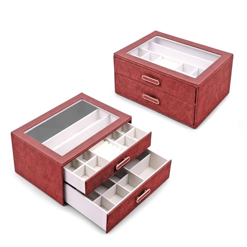 Image of BucketList Premium PU Leather Jewellery Organizer Box with Glass Lid | 2 Pull-Out Drawers Multi-Compartment Storage for Rings, Earrings, Necklaces & Bracelets (2-Layer Jewelry Box (Red))