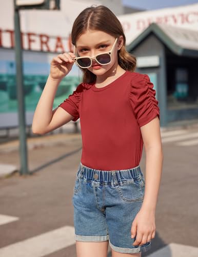 Image of Arshiner Girls Puff Short Sleeve Shirts Summer Ribbed Knit Crewneck T Shirt Tops Tee Blouse