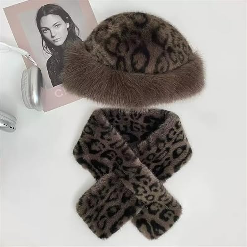 2 PCS Leopard Print Fluffy Bucket Hat and Scarf Set Cute Bear Ear Cheetah Print Beanie Hat Winter Warm Accessories3