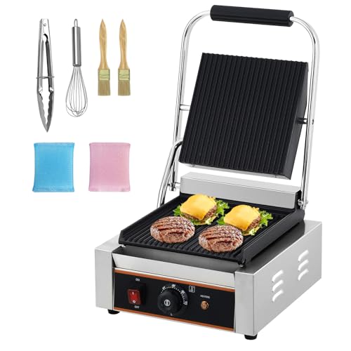 Commercial Panini Grill, 1800W Electric Sandwich Panini Maker,9"x9" Full Grooved Enamel Plate Stainless Steel Double Sandwichs Press with Handle and Temp Control for Hamburger Steak Bacon