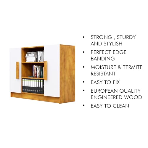 Image of Bniture Engineered Wood Storage Cabinet with 3 Shelf and 2 Door | Book Shelf Wooden Bookshelf for Home | Multipurpose Storage Organizer for Living Room, Hallway & Office | Giant Wood & Frosty White