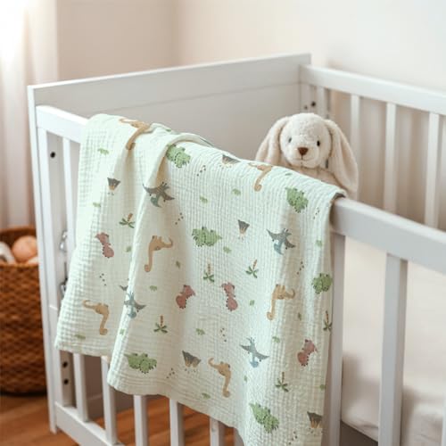 Image of SANDJEST Dinosaur Minky Muslin & Dotted Blanket 30x40 in Gift for Holiday, Gender Reveal Party, Hospital Visit, Baptism