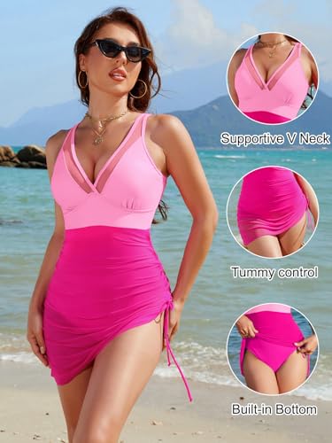 Image of Blooming Jelly Women One Piece Swim Dress Tummy Control Swimsuits Slimming Mesh Sheer Sarong Wraps Bathing Suit