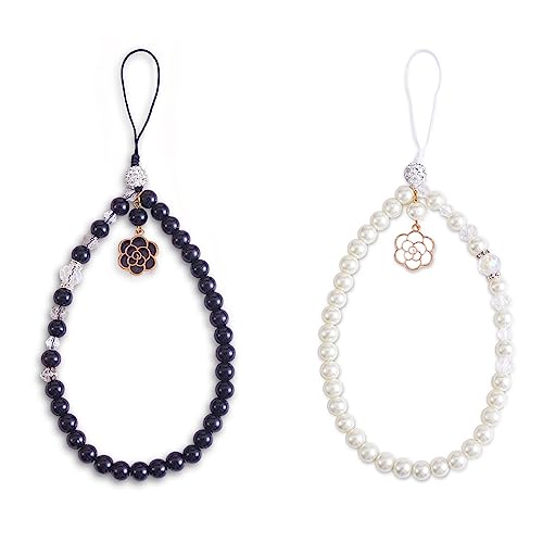 BEEFLYING 2 Pcs Glass Pearl Cell Phone Lanyard Wrist Strap Black White Pearl Beaded Phone Lanyard Strap with Rose Pendant Hand Wrist Lanyard Strap for Phone Case Keychain Wallet Decor(Black&White)