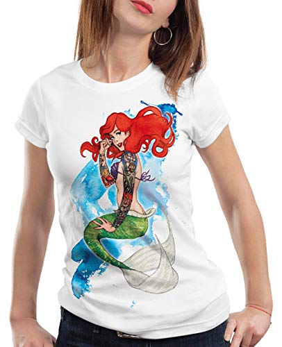 style3 Ariel Sirena Camiseta para Mujer T-Shirt Sirenita tatuar USA, Color:Blanco, Talla:XS