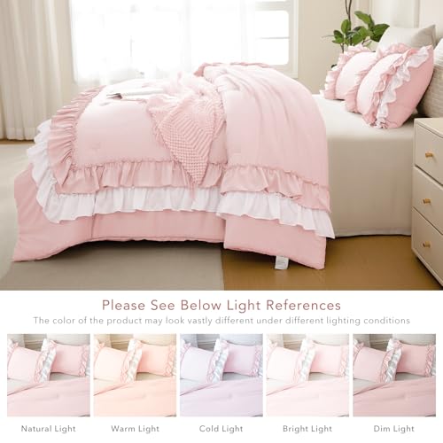 Image of QSH Blush White Ruffle Comforter King Size,3PCs Farmhouse French Country Ruffled Coquette Bedding Comforter Set Shabby Boho Chic King Bed Comforter Set Ultra Soft Microfiber Lightweight Fluffy Bed
