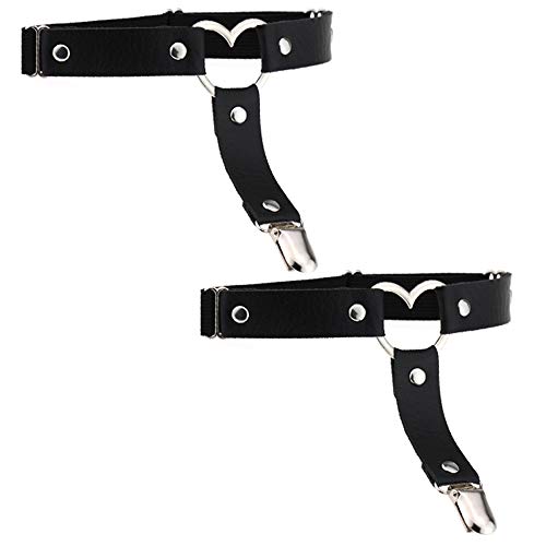 Jurxy Leder Strumpfband 2 PCS Oberschenkel Ring Harness Suspender Gothic Gummi Nieten Strapsbänder Verstellbare mit Metall Clip - Schwarz