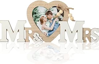 Mr & Mrs Wedding Decorations with Heart Photo Frame, Wedding Gifts for Bride and Groom, Wedding Table Decoration Wooden Sign for Engagement Party, Anniversary, Reception, Photography Accessories