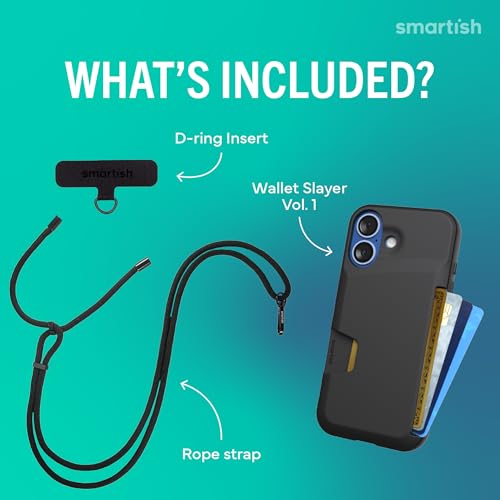 Image of Smartish iPhone 17 Wallet Case + Crossbody Lanyard Strap - [Slim + Protective] Phone Case Credit Card Holder + Universal Detachable Shoulder Neck Strap for Apple iPhone 17 - Black Tie Affair