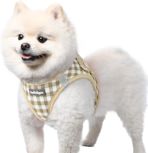 rabbitgoo Hundegeschirr Kleine Hunde, Step-in Weiches Mesh, Beige kariert | Einfach anzulegen, Atmungsaktiv & Reflektierend, Ausbruchsicher mit Sicherheitsverschluss für Kleine Hun