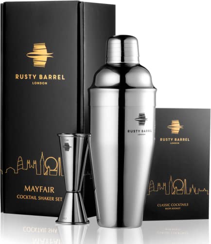 Rusty Barrel Mayfair Ensemble shaker à cocktail – Grand shaker en acier inoxydable de style Manhattan de 750 ml avec passoire intégrée, double doseur 25/50 et livret de recettes de cocktails |