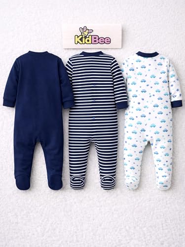 Image of Kidbee Baby Boys & Girls Full Sleeves Cotton Footed Romper Sleepsuit Pack of 3