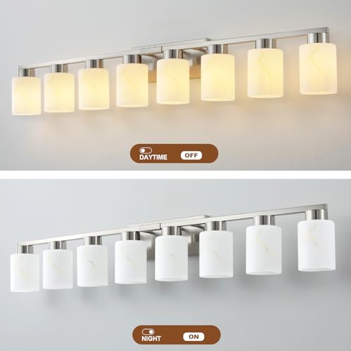 Image of 8-Light Bathroom Light Fixtures, Modern Vanity Lights, Brushed Nickel Metal Wall Lamp with White Marble Glass for Bathroom, Mirror, Living Room, Bedroom, Cabinet, Porch, Hallway, E26 Base