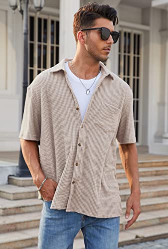 Mens Casual Short Sleeve Bowling Corduroy Shirts Button Up Shirt Apricot 2Xl #TOP2
