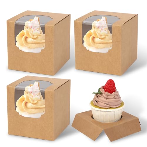 JCD 70 paquetes de cajas de galletas emergentes de 3.5 x 3.5 x 3.5 pulgadas, cajas de papel kraft marrón individuales para cupcakes a granel con inserto y ventana, y cajas de bombas de cacao para