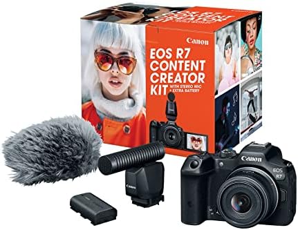 Canon EOS R7 Content Creator Kit, Mirrorless Vlogging Camera, 32.5 MP, 4K 60p Video, DIGIC X Image Processor, RF-S18-45mm F4.5-6.3 is STM Lens, Stereo Microphone DM-E1D, LP-E6NH Battery