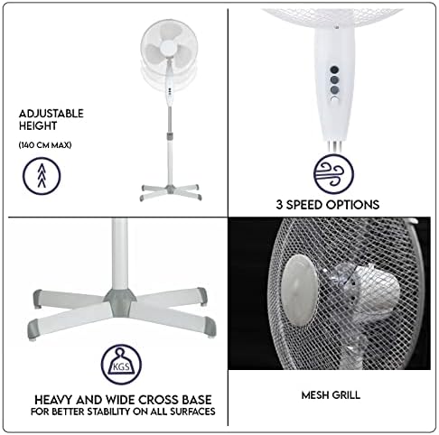 KARAN KING 16 Inch Pedestal Fan, 3 Speed, Quiet Operation, Oscillating, Adjustable Height, Cooling Fan, Ideal for Home and Office (White)