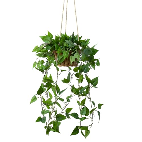 WillingYou 吊り下げ フェイクグリーン ポトス 全長95cm 編みかご付き お手入れ不要 造花 インテリアグリーン 取り付け簡単 フックにかけるだけ リビング ベランダ 飾り 北欧