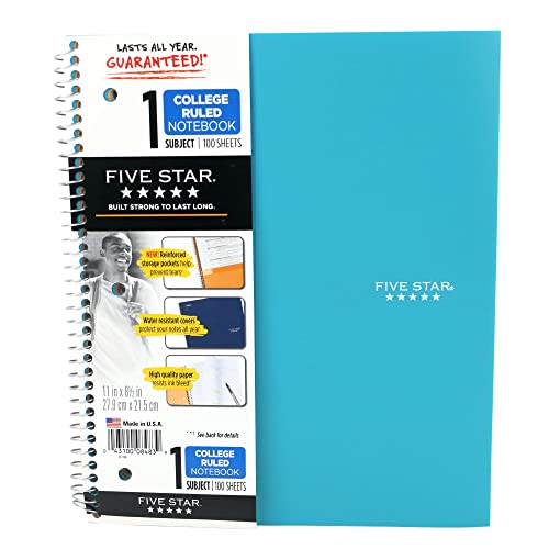 Five Star Wirebound Notebook, 1-Subject, 100 College-Ruled Sheets, 11 x 8.5 Inch Sheet Size, Teal (72051)