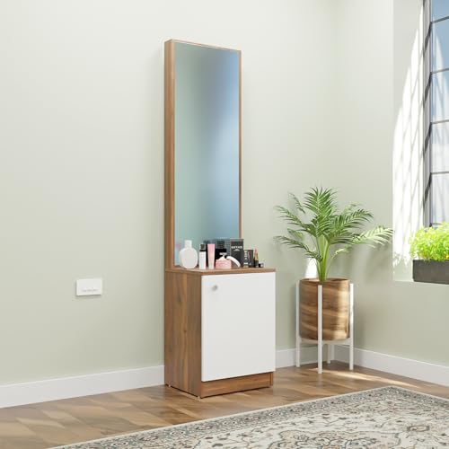 Image of VIKI | Engineered Wood Dressing Table 1 Door with Shelf, Mirror and Huge Storage Space | Vanity for Living Room, Bedroom (Brussel Walnut & Frosty White - 43.8W x 40D x 182.6H cms)