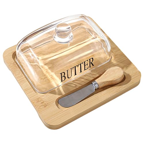 19,6 x 19 x 8,5 cm plato de mantequilla de vidrio con tapa, plato de mantequilla con campana de vidrio curvo para queso - cúpula de glaseado de limón , postre, hogar, cocina, restaurante -