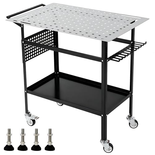 Image of 36x24in Welding Table 800LBS Mobile Workbench with 4 Wheels & Fixed Base | Movable Steel Work Bench with Side Pegboard, Hooks, Storage Tray, for Garage Workshop, Welding, Assembly and Repair