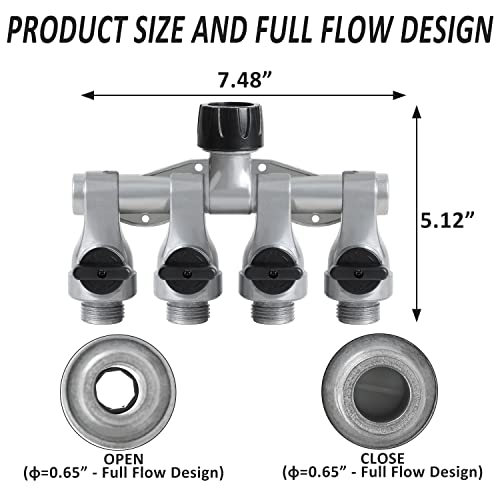 STYDDI Full Flow 4-Way Garden Hose Splitter, Metal High-Flow Four Way Shutoff Garden Hose Splitter, Professional Water Hose Manifold, High Flow Outdoor Spigot 4 Splitter with Cap Type Valve - Thumbnail 2