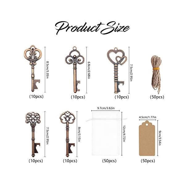 Clave Abrebotellas 50Pcs, Llave Abrebotellas Retro para Decoración de Bolsas de Recuerdos de Boda (Cobre) - Imagen 3