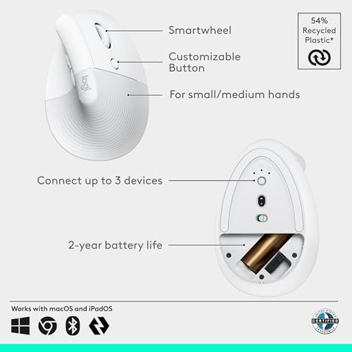 Image of Logitech Lift Vertical Ergonomic Mouse, Wireless, Bluetooth or Logi Bolt USB Receiver, Quiet clicks, 6 Buttons, Compatible with Windows /macOS /iPadOS, Laptop, PC - Off White