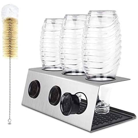 BEHORSE Bottle Holder - Stainless Steel Design with 3 Drip Holders Including Removable Drip Pads, Bottle Brushes, Silicone Seals, Foot Pads, Designed for Crystal and Glass Bottles Cover