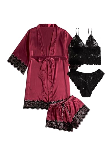 Image of SOLY HUX Women's Satin Pajama Set with Lace Trim - 4-Piece Sleepwear & Robe