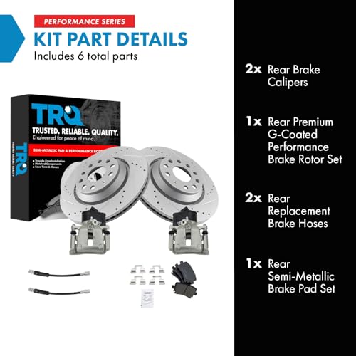 Image of TRQ Performance Rear Brake Pad and Rotor Set Semi Metallic Slotted Drilled G Coated Rotors Calipers Compatible with 2010 2016 Volkswagen CC 2010 Passat