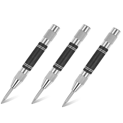 3 Pack Automatic Center Punch, Steel Adjustable One-Handed Spring Impact Loaded Center Hole Punch, Precision Marking Tool for Engineers, DIY & Workshop Use (Black Steel)