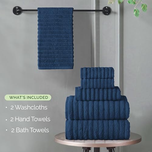 Elegant Comfort 100% Turkish Cotton Corduroy Ribbed Luxury Bath Towels 6-Piece Set, Premium Feel - Quick Dry, Highly Absorbent, Contains 2 Bath Towels, 2 Hand Towels, and 2 Washcloths, Navy